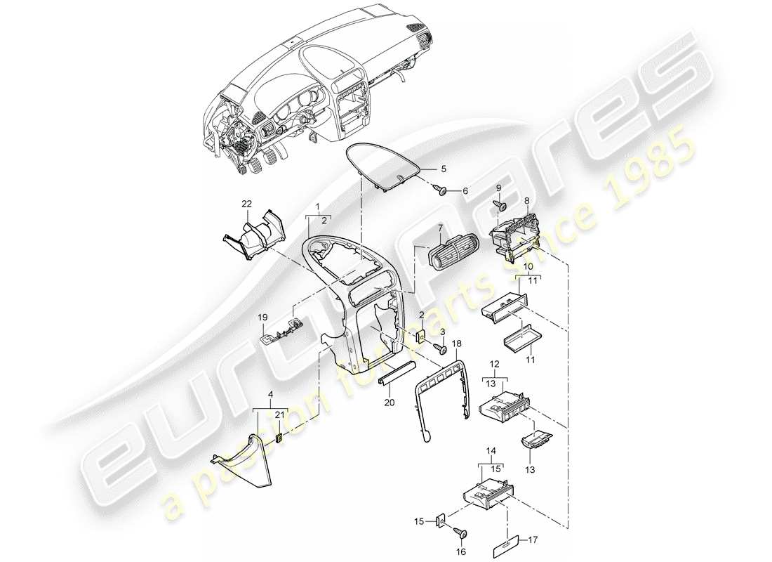 porsche 2003 (cayenne e1 9pa) garniture de panneau de tableau de bord schéma des pièces