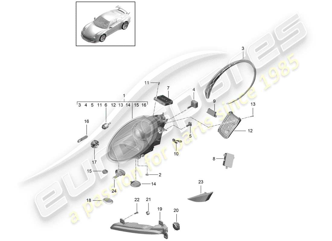 porsche 2019 (991-2 r/gt3/rs) schéma des pièces des phares