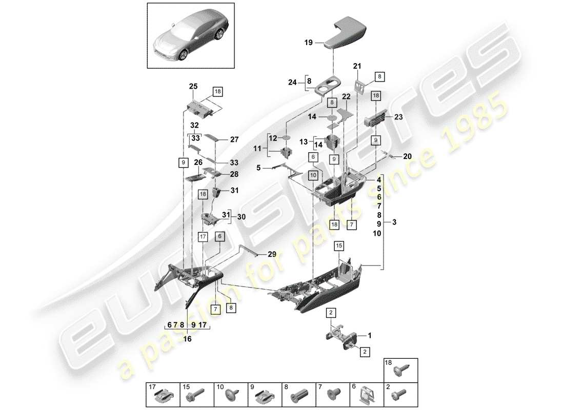 porsche 2020 (panamera 971-1) console centrale schéma des pièces