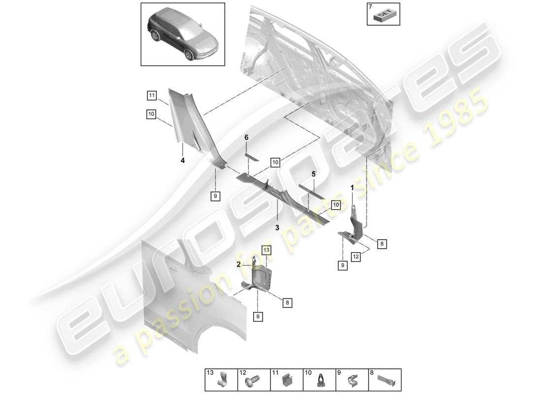 porsche 2020 (cayenne e3 9ya/9yb) plaque de seuil - panneau de seuil schéma des pièces