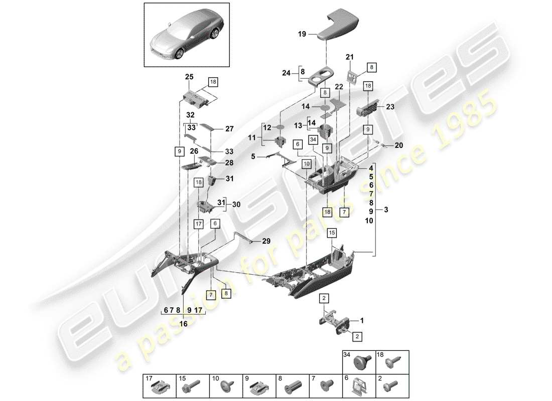 porsche 2018 (panamera 971-1) console centrale schéma des pièces
