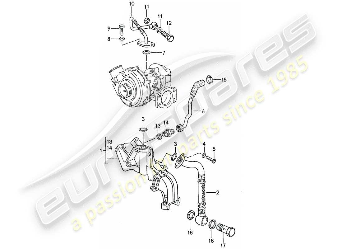 porsche 1990 (944) lubrification moteur - turbocompresseur de gaz d'échappement schéma des pièces