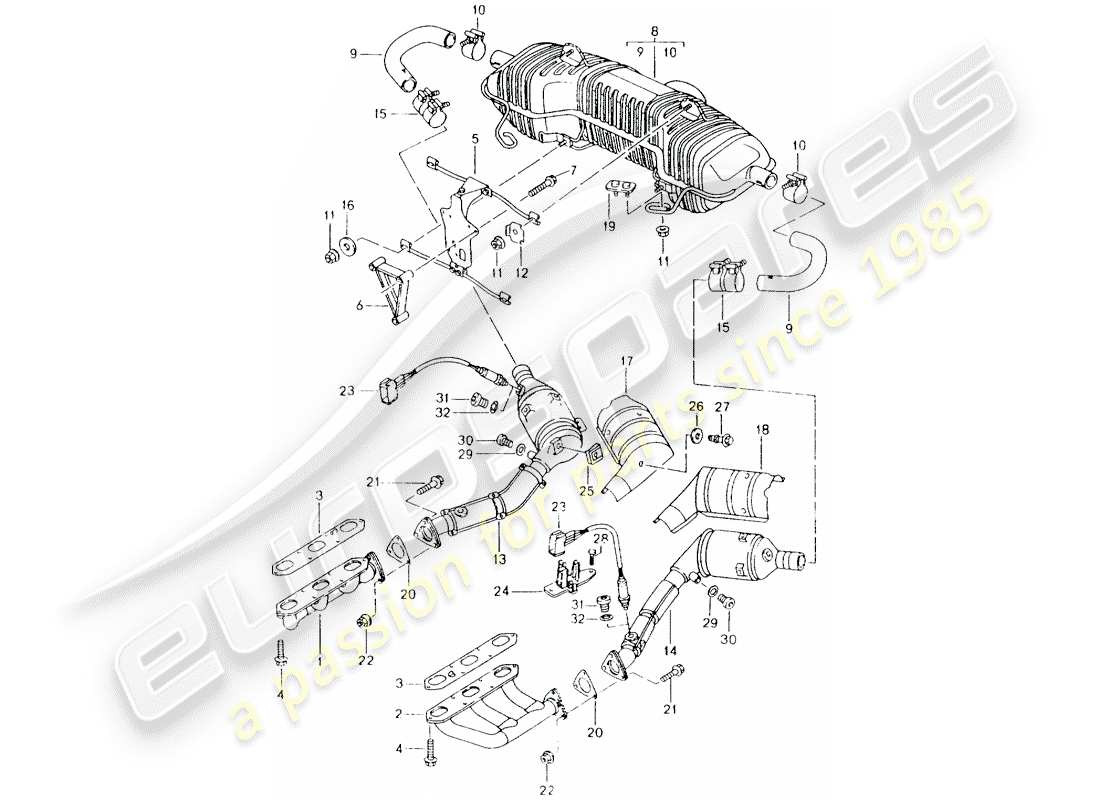 porsche 2004 (986 boxster) système d'échappement - m 96.20 schéma des pièces