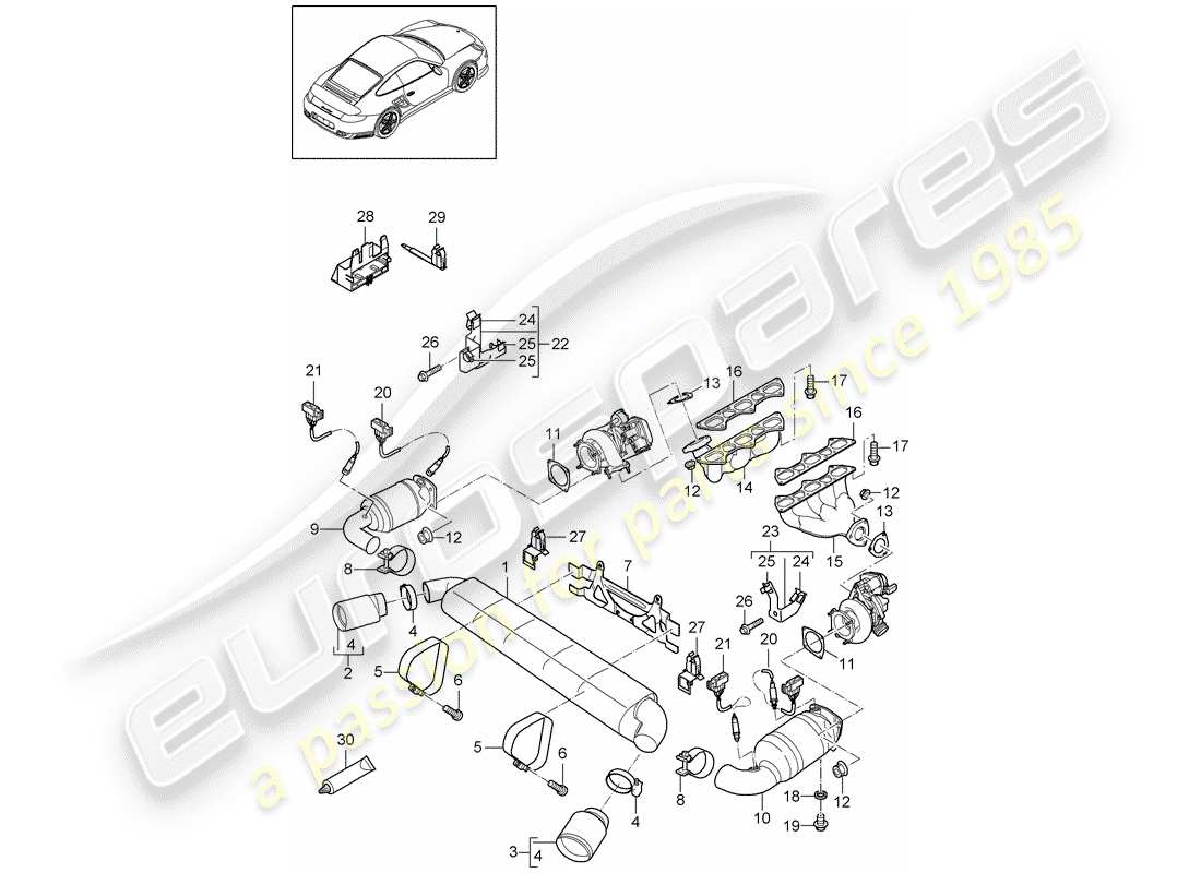 porsche 2011 (997-2 turbo / gt2 rs) système d'échappement schéma des pièces