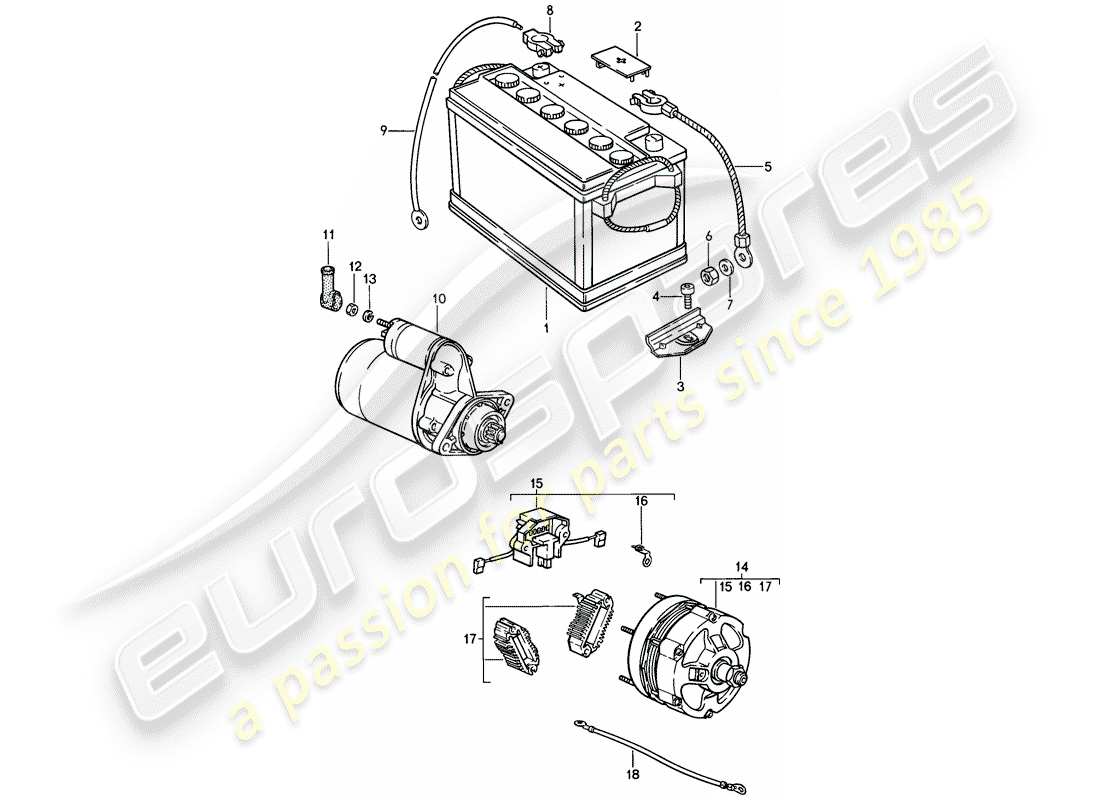 porsche 1989 (911) batterie - démarreur - alternateur schéma des pièces