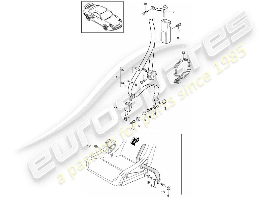 porsche 2011 (997-2 turbo / gt2 rs) ceinture de sécurité schéma des pièces