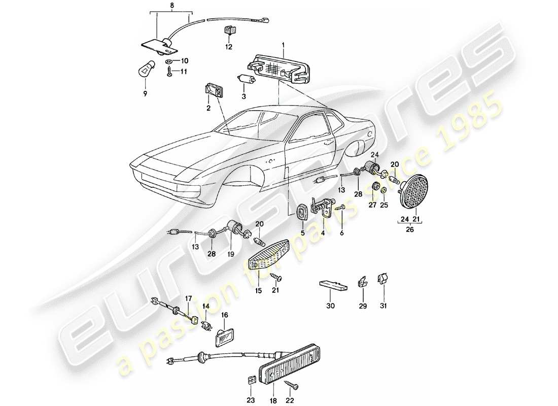 porsche 1983 (924) éclairage intérieur - répéteur de clignotants schéma des pièces