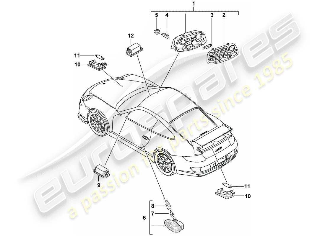 porsche 2011 (997-2 gt3) lumières intérieures schéma des pièces