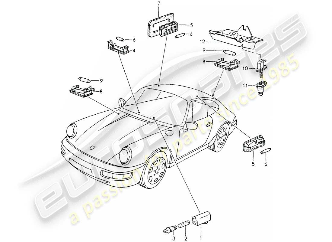 porsche 1990 (964) éclairage intérieur - éclairage du coffre à bagages - éclairage du compartiment moteur schéma des pièces