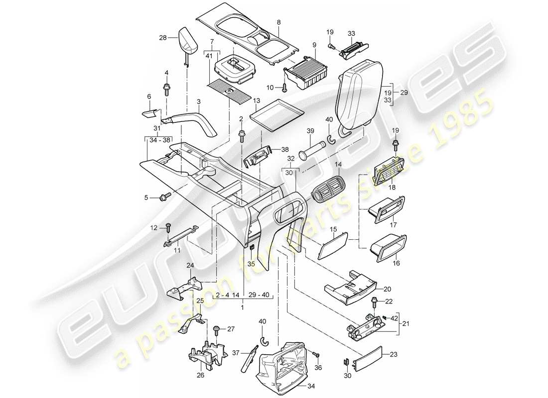 porsche 2008 (cayenne e1 9pa) console centrale schéma des pièces