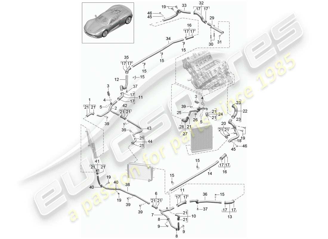 porsche 2015 (918 spyder) refroidissement par eau schéma des pièces