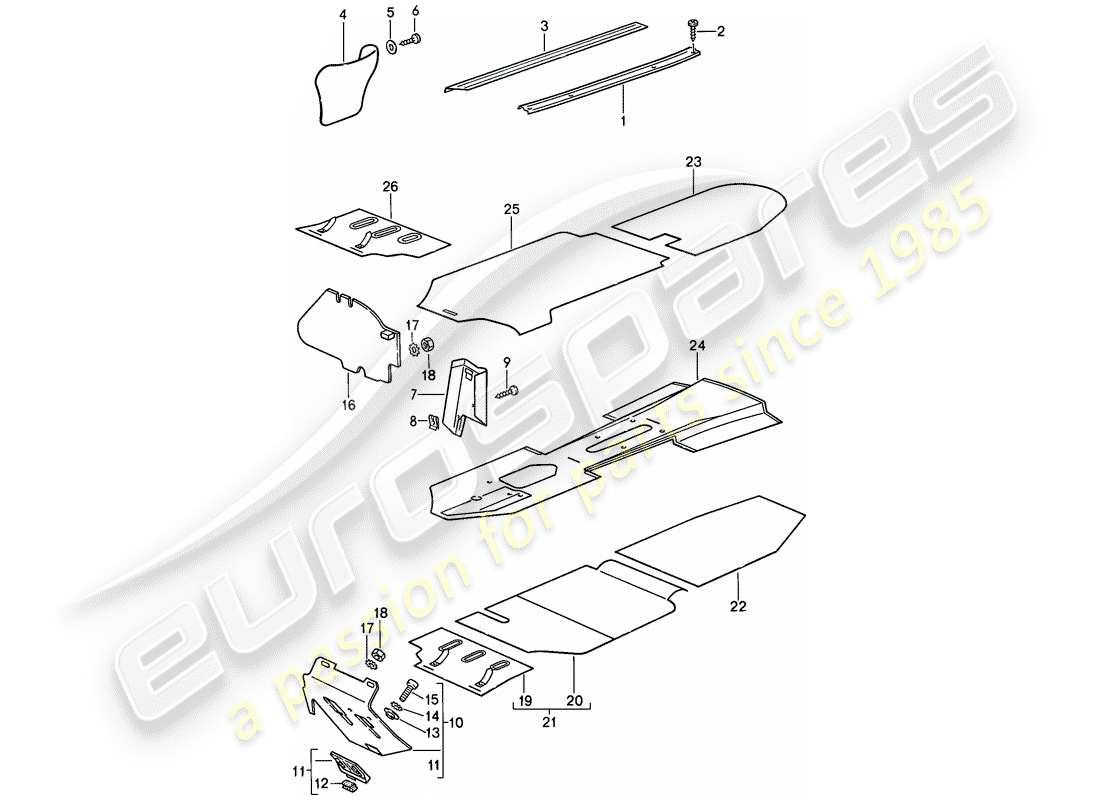 porsche 1989 (911) garniture - pieds - tapis amovibles schéma des pièces