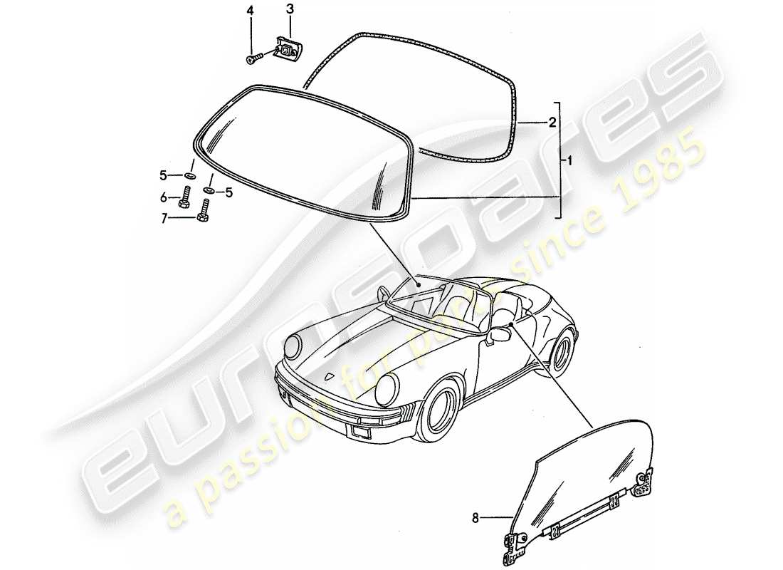 porsche 1988 (911) vitrage des fenêtres schéma des pièces