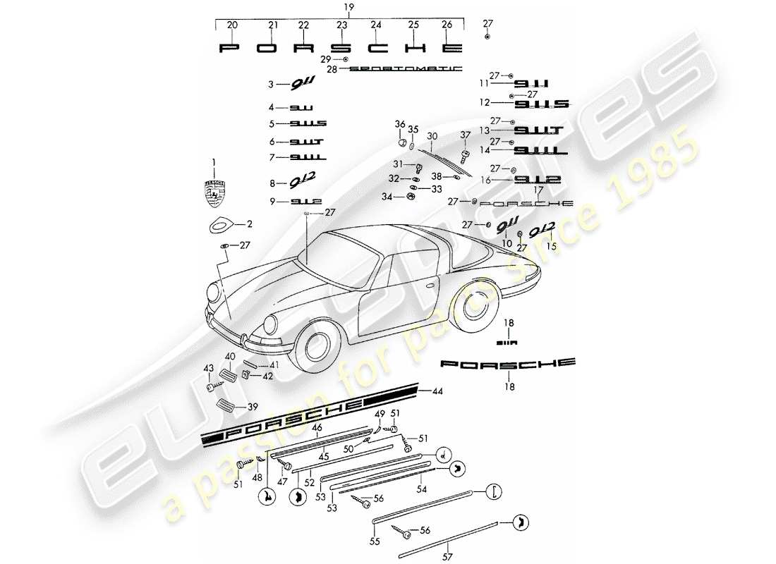 porsche 1965 (911/912) raccords décoratifs - d >> - mj 1968 schéma des pièces