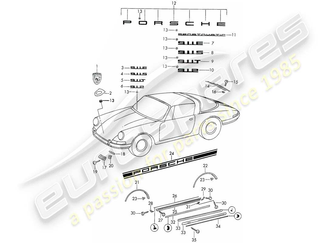 porsche 1965 (911/912) raccords décoratifs - d - mj 1969>> - mj 1969 schéma des pièces