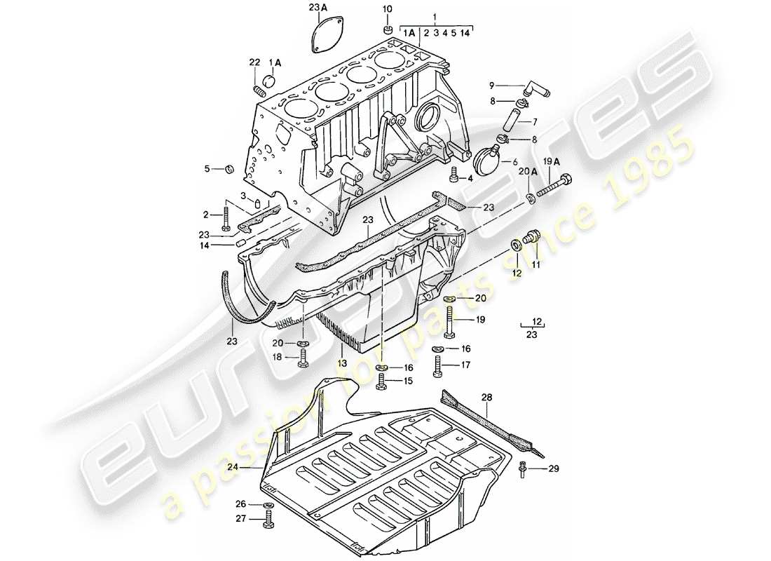 porsche 1981 (924) bloc-cylindres - avec pistons - carter d'huile - plaque de protection f. moteur schéma des pièces