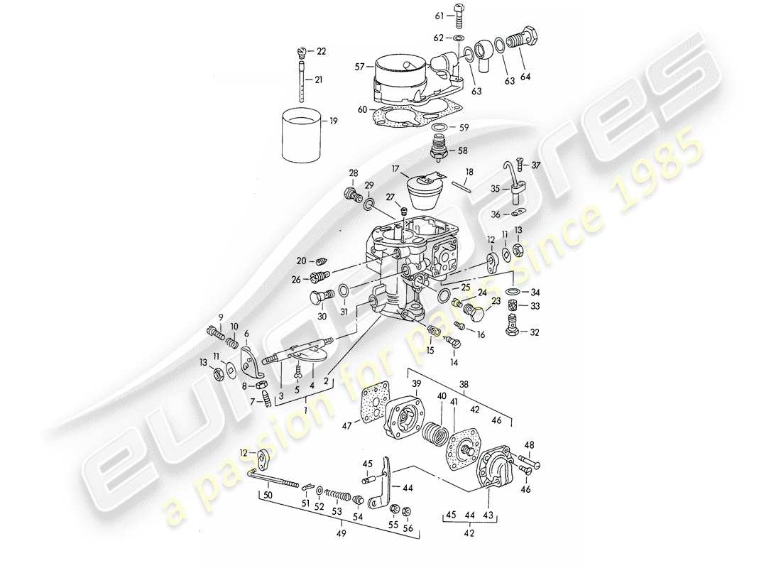porsche 1954 (356/356a) pièces individuelles - pour - carburateur - solex 32 pbic schéma des pièces