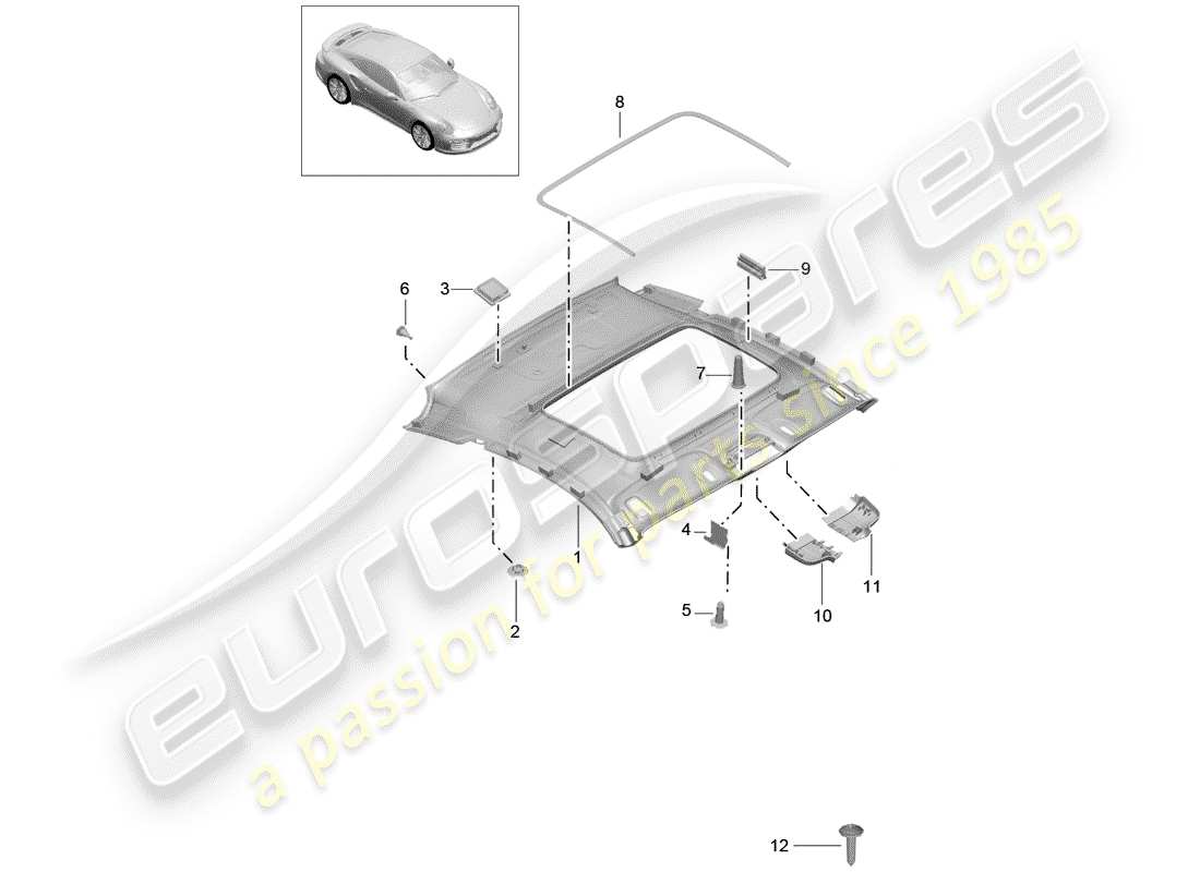 porsche 991 turbo (2020) panneau de garniture de toit schéma des pièces