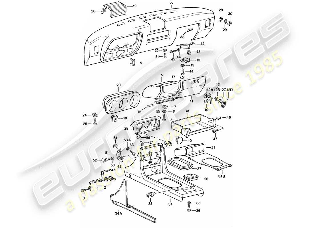 porsche 1981 (924) tableau de bord - console centrale schéma des pièces