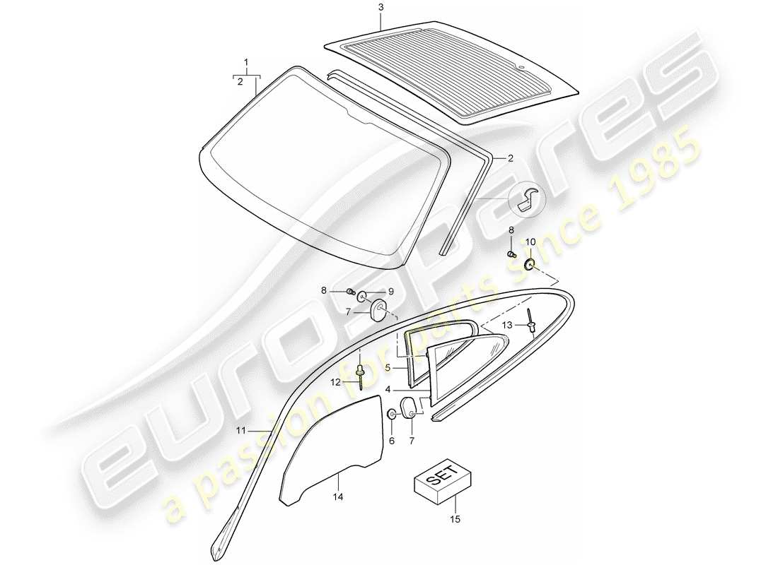 porsche 2011 (997-2 gt3) vitrage des fenêtres schéma des pièces