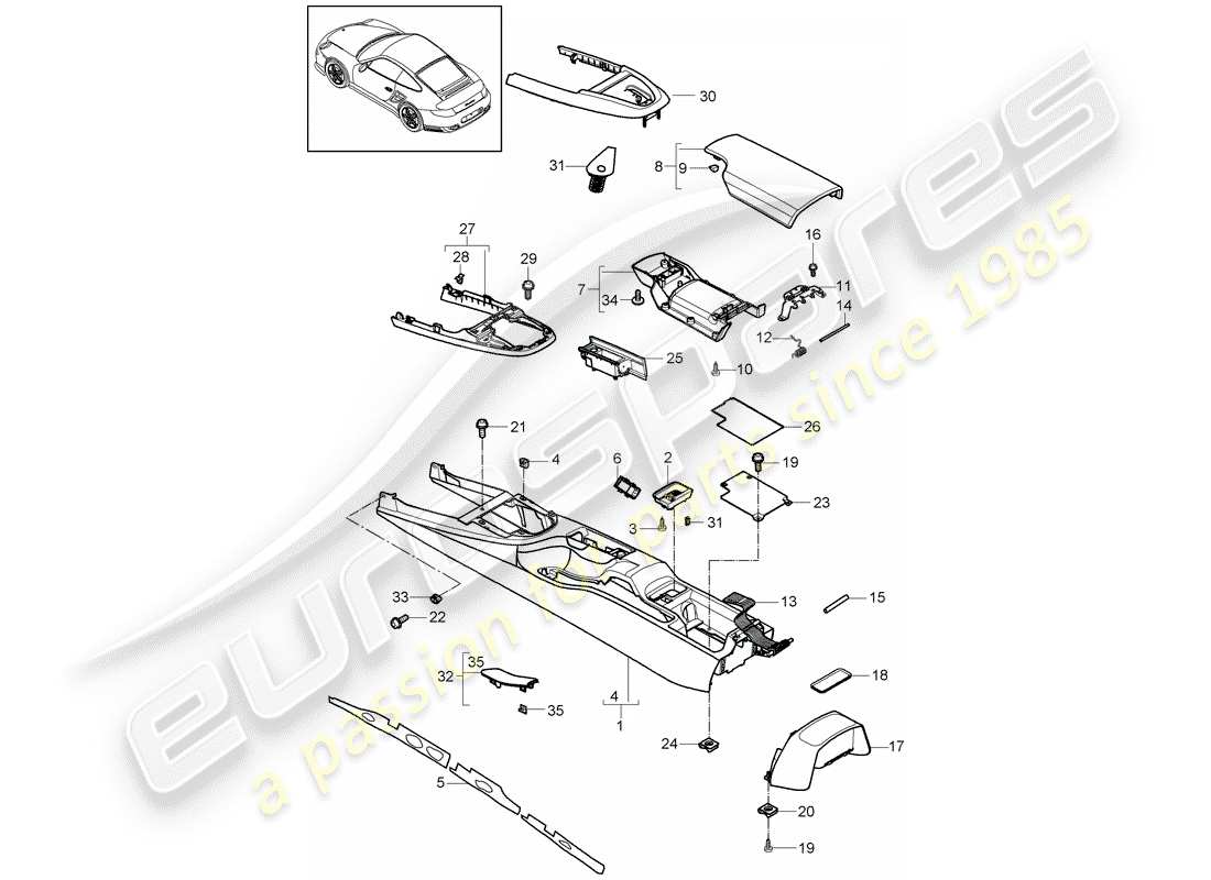 porsche 2013 (997-2 turbo / gt2 rs) console centrale schéma des pièces