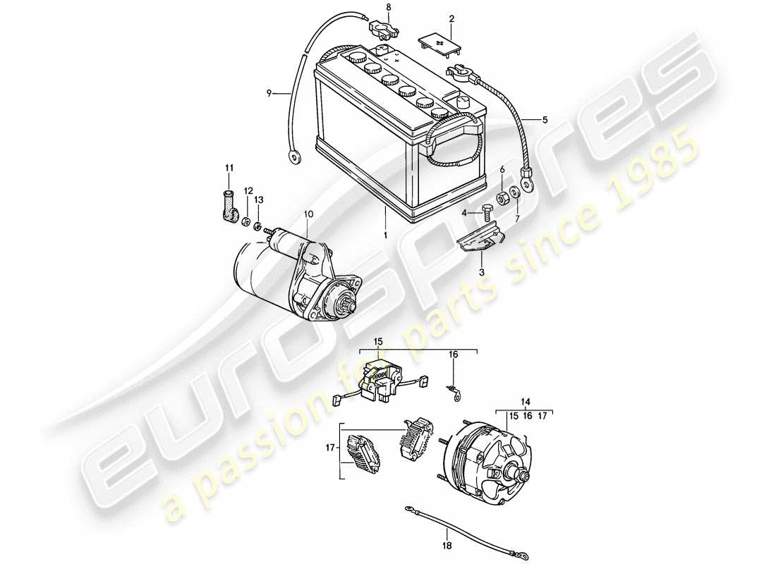 porsche 1986 (911) batterie - démarreur - alternateur schéma des pièces