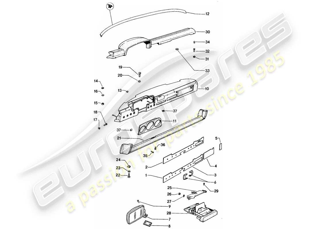 porsche 1975 (914) tableau de bord - rétroviseur schéma des pièces