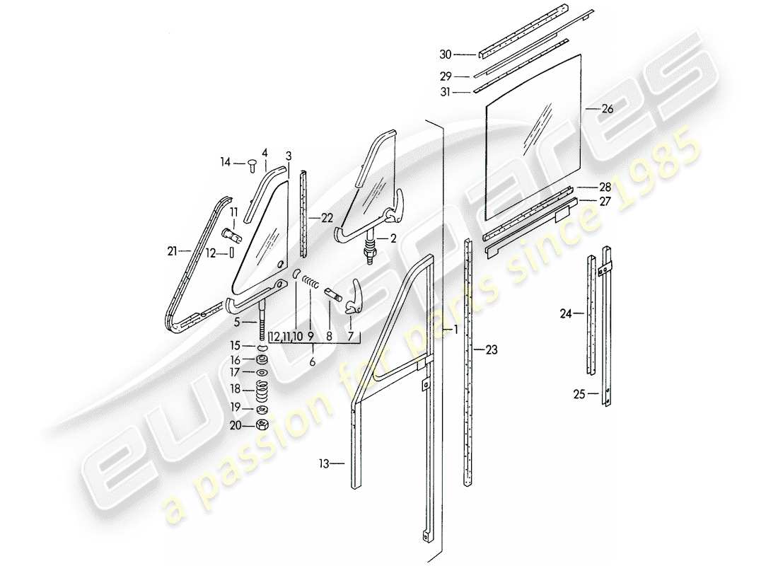 porsche 1954 (356/356a) fenêtre de porte - f 150 001 >> schéma des pièces