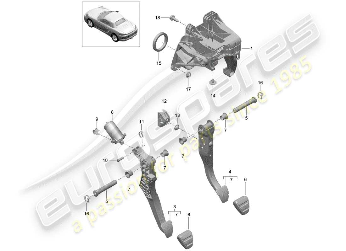 porsche 718 boxster (2019) frein et acc. assemblage de la pédale schéma des pièces