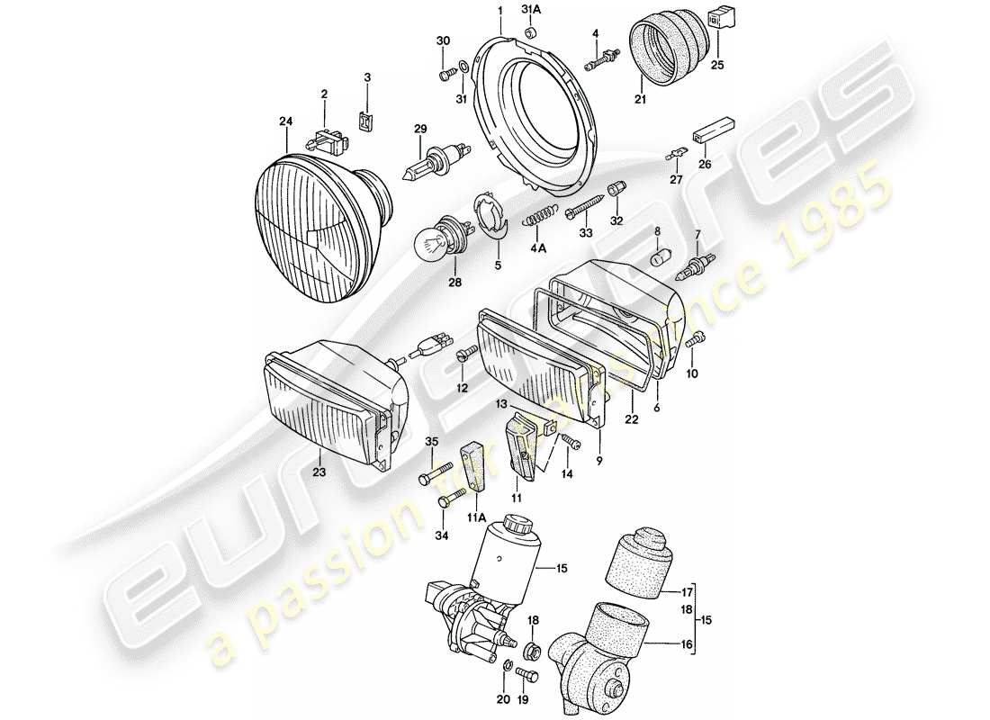 porsche 1976 (924) phare - moteur électrique - phare pop-up schéma des pièces