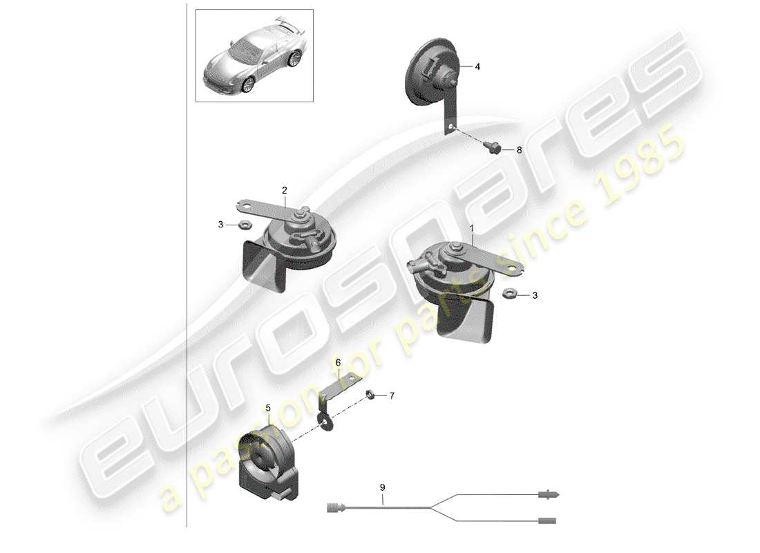 porsche 2018 (991-2 r/gt3/rs) diagramme des pièces du klaxon de fanfare