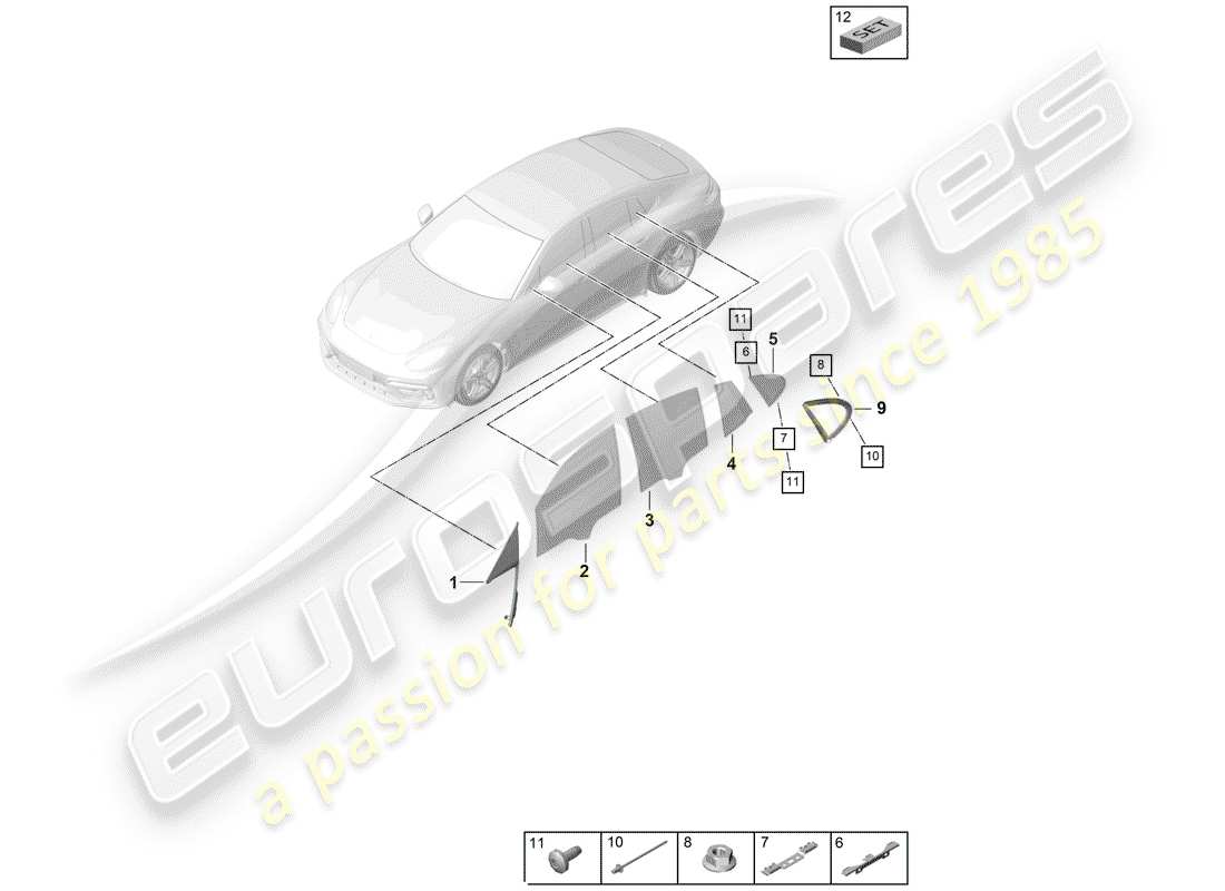 porsche 2018 (panamera 971-1) porte et fenêtre latéral schéma des pièces