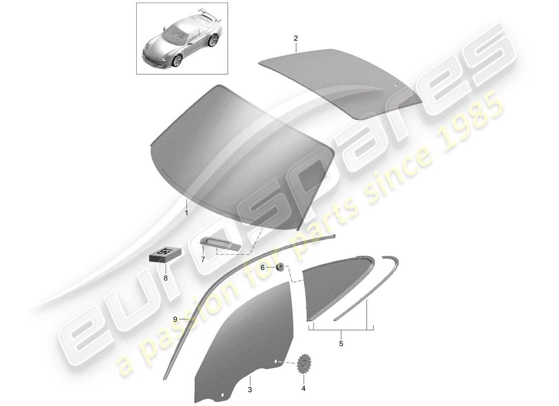 porsche 2019 (991-2 r/gt3/rs) lunettes de fenêtre schéma des pièces