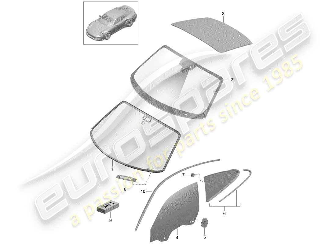 porsche 2014 (991-1 turbo) verre de pare-brise schéma des pièces
