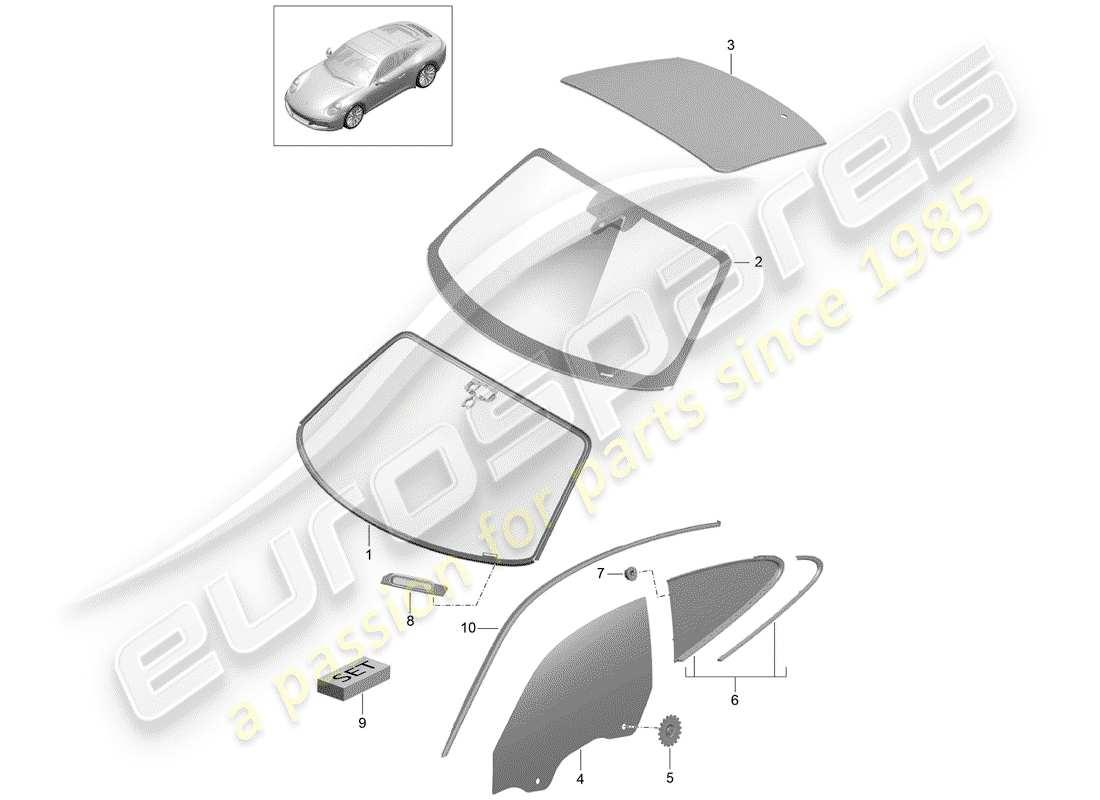 porsche 2020 (991-2) verre de pare-brise schéma des pièces