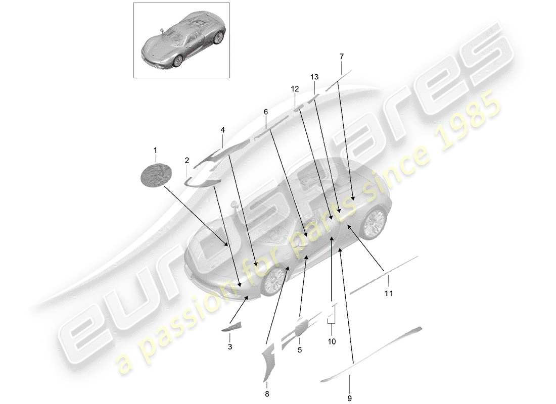 porsche 918 spyder (2015) schéma des pièces de la feuille de garniture