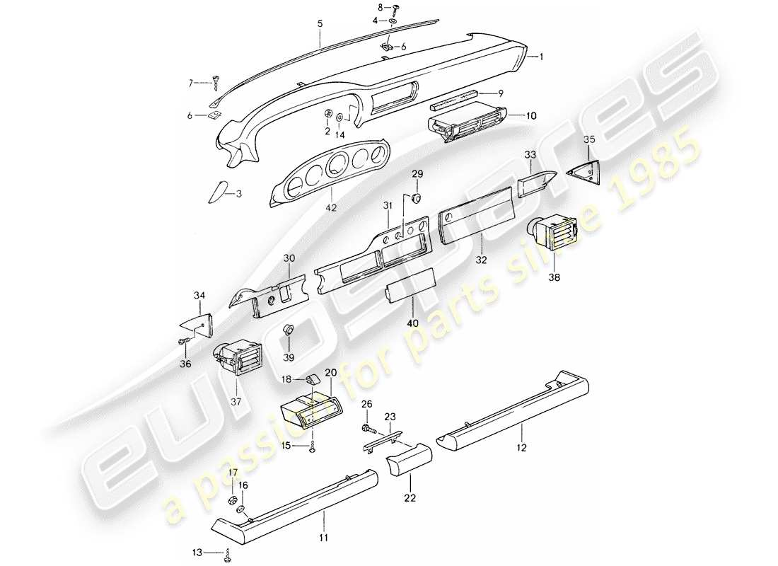 porsche 1990 (964) tableau de bord - garniture de genouillères - pour voitures sans - airbag schéma des pièces