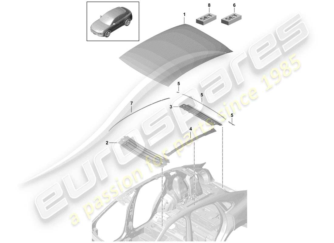 porsche 2020 (cayenne e3 9ya/9yb) panneau de toit extérieur schéma des pièces