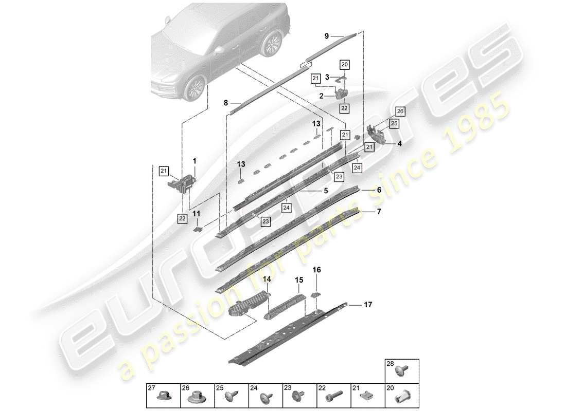 porsche 2020 (cayenne e3 9ya/9yb) garniture de membre latéral schéma des pièces