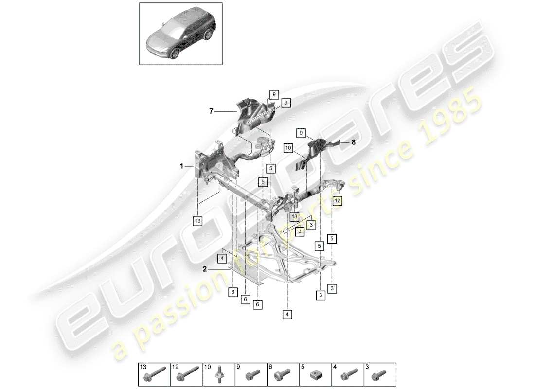 porsche 2019 (cayenne e3 9ya/9yb) sous-cadre schéma des pièces