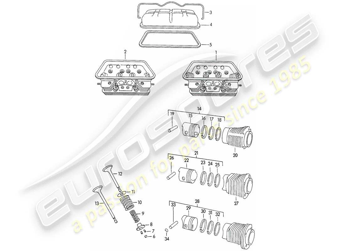 porsche 1959 (356/356a) culasse - cylindre à pistons - m >> 10 199 - m >> 21 780 - m >> 50 099 - m >> 21 999 - m >> 33 899 - m >> 40 999 schéma des pièces