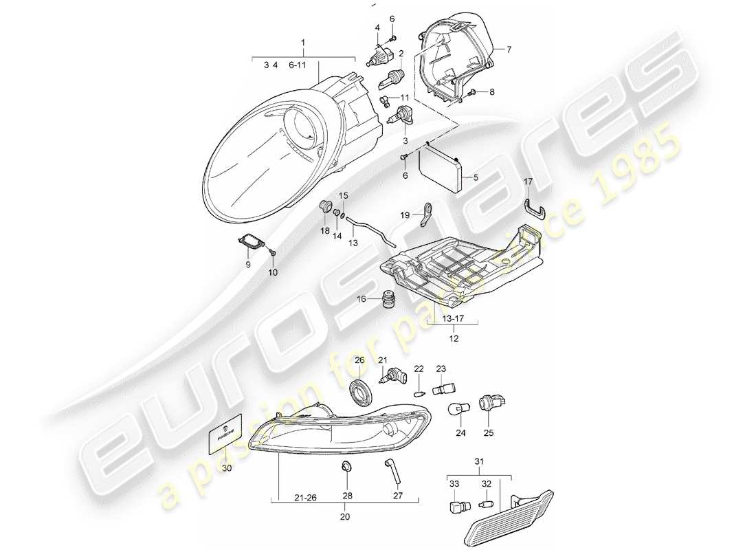 porsche 2005 (997-1) schéma des pièces des phares