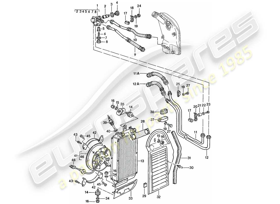 porsche 1986 (911) lubrification moteur - refroidisseur d'huile schéma des pièces