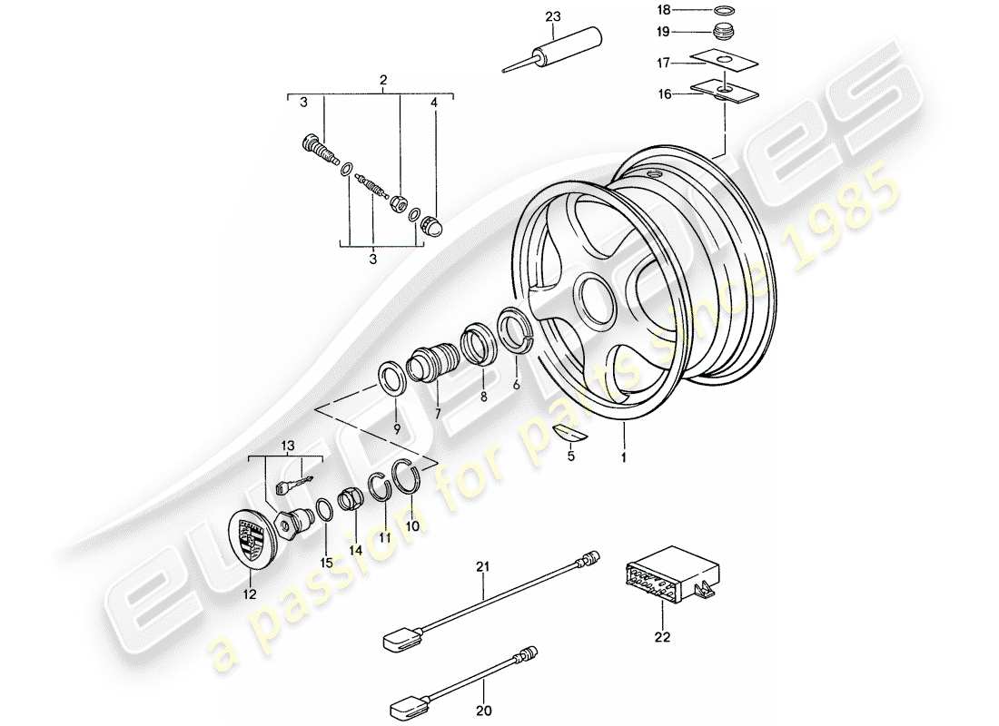 porsche 1987 (959) roues - pneu - système de contrôle de pression des pneus schéma des pièces