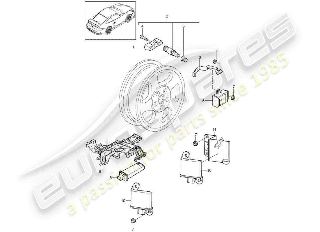 porsche 2007 (997-1 gt3) système de contrôle de la pression des pneus schéma des pièces