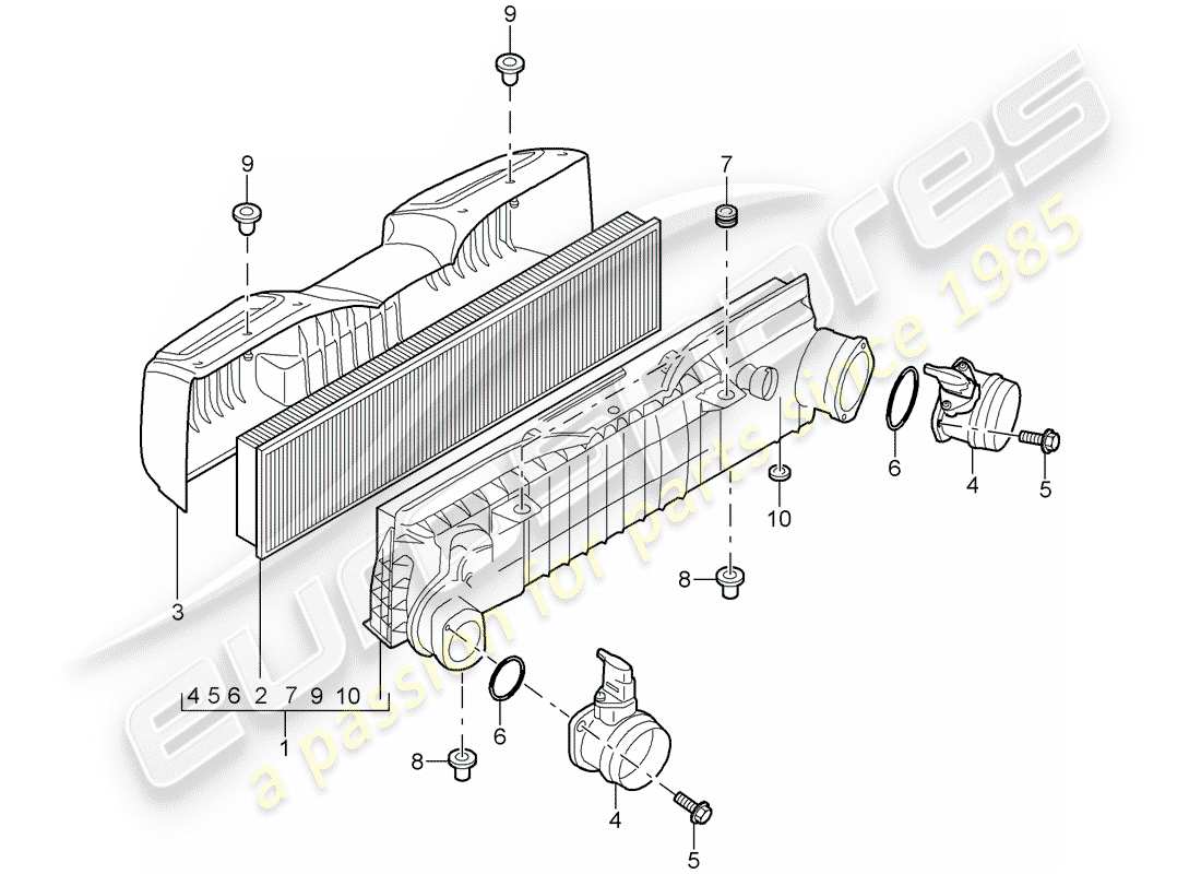 porsche 2007 (997-1 turbo / gt2) schéma des pièces du filtre à air
