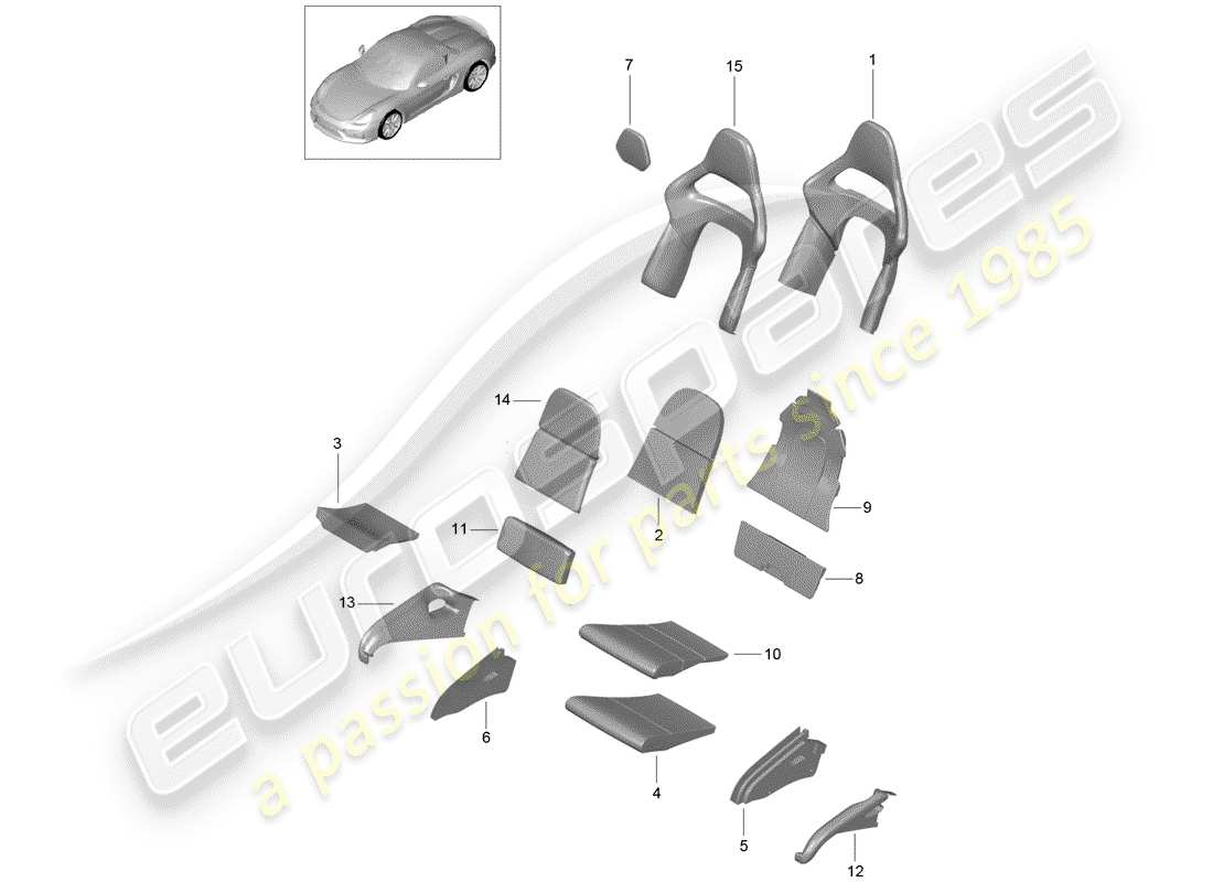 porsche 2016 (981 boxster spyder) pièce en mousse diagramme des pièces