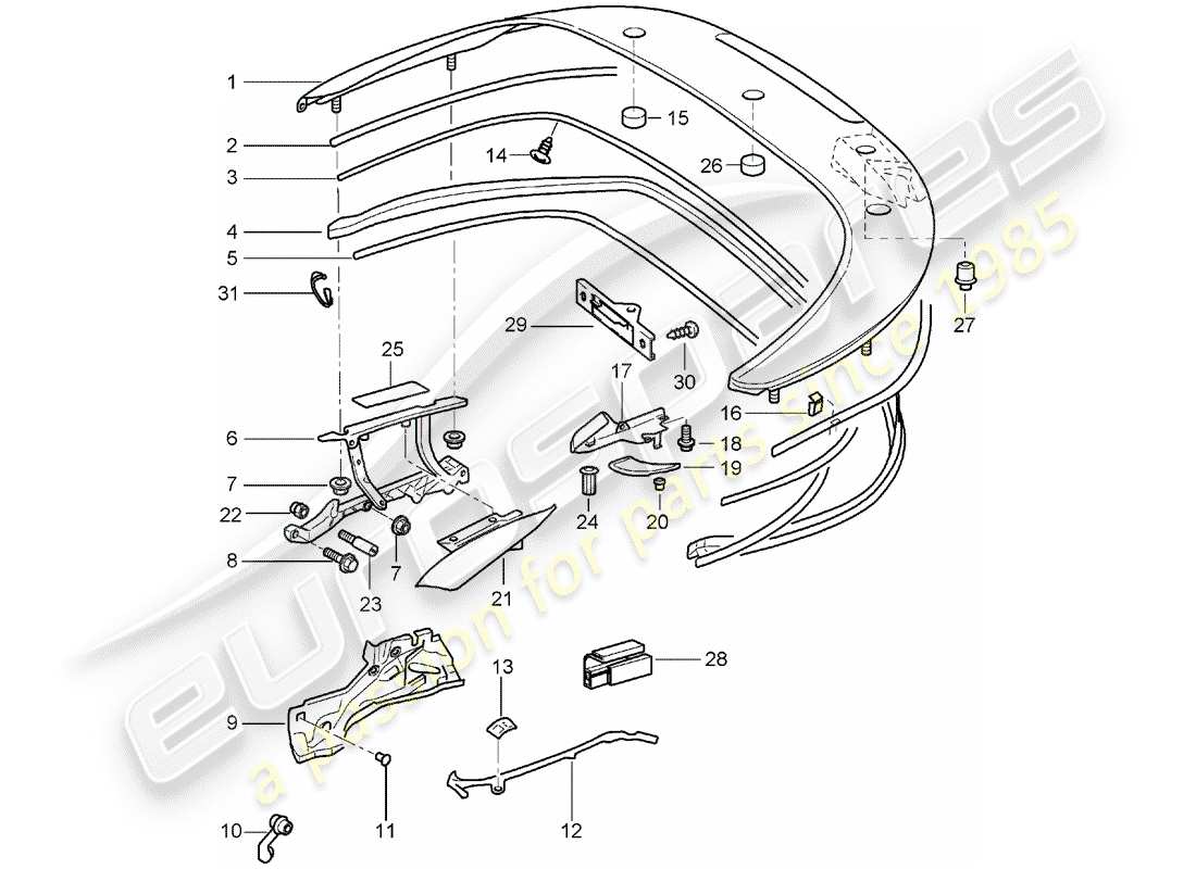 porsche 2004 (996) coffre de rangement supérieur - couvercle - joints schéma des pièces