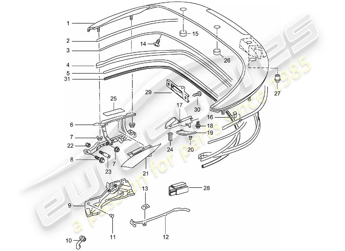 porsche 2002 (996 turbo / gt2) coffre de rangement supérieur - couvercle - joints schéma des pièces