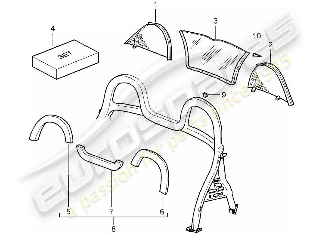 porsche 2003 (986 boxster) pare-brise - et - garniture - roll bar schéma des pièces